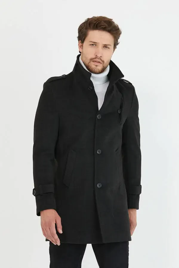 Men's Anthracite Slim Fit Notch Lapel Long Wool Blend Cashmere Coat - 6