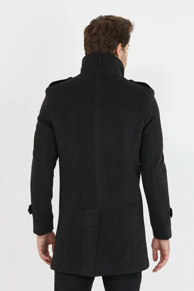 Men's Anthracite Slim Fit Notch Lapel Long Wool Blend Cashmere Coat - 7