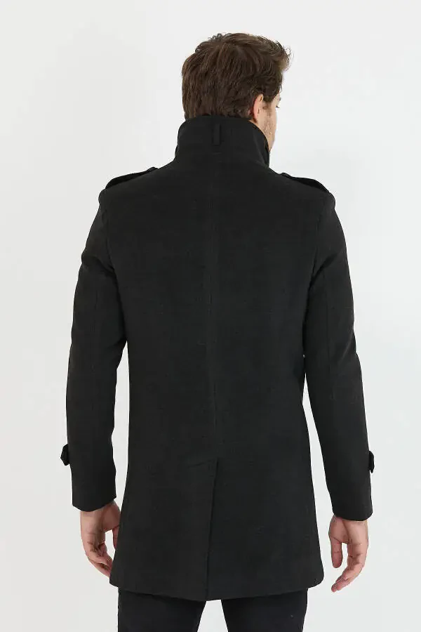 Men's Anthracite Slim Fit Notch Lapel Long Wool Blend Cashmere Coat - 7