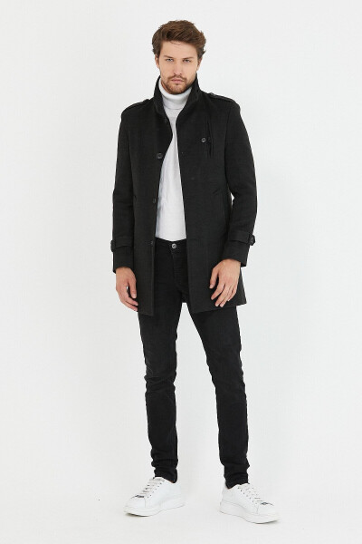 Men's Anthracite Slim Fit Notch Lapel Long Wool Blend Cashmere Coat - MERO LIFE (1)