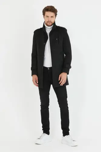 Men's Anthracite Slim Fit Notch Lapel Long Wool Blend Cashmere Coat - MERO LIFE (1)