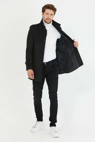 Men's Anthracite Slim Fit Notch Lapel Long Wool Blend Cashmere Coat - 3