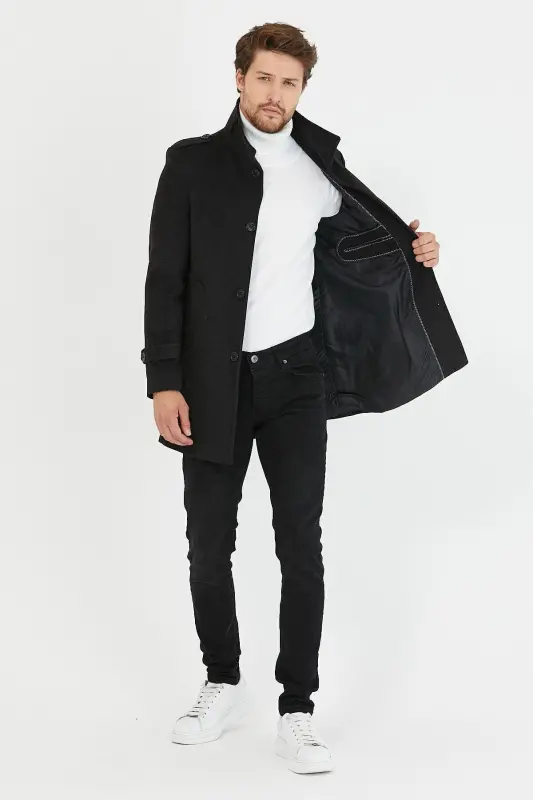 Men's Anthracite Slim Fit Notch Lapel Long Wool Blend Cashmere Coat - 3