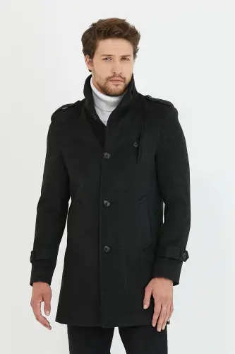 Men's Anthracite Slim Fit Notch Lapel Long Wool Blend Cashmere Coat - 4