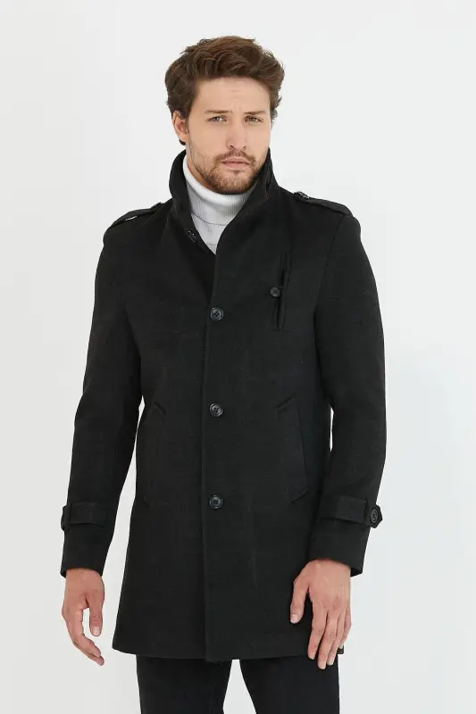 Men's Anthracite Slim Fit Notch Lapel Long Wool Blend Cashmere Coat - 4