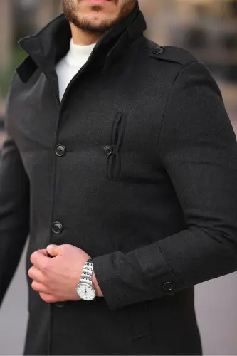Men's Anthracite Slim Fit Stand Collar Long Wool Blend Overcoat-Anthracite - 6
