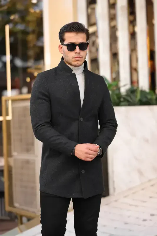 Men's Anthracite Slim Fit Stand-Up Collar Wool Coat-Anthracite - SER JOVEN