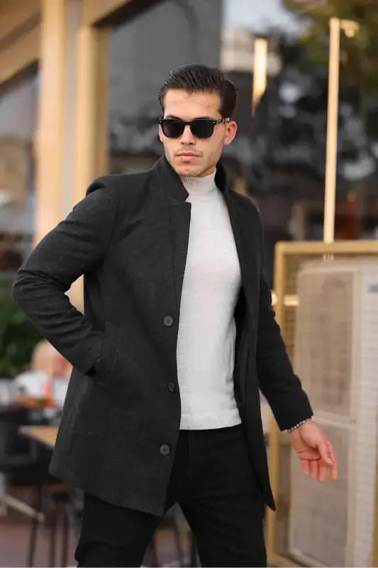 Men's Anthracite Slim Fit Stand-Up Collar Wool Coat-Anthracite - 3