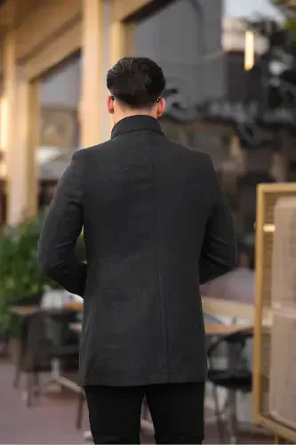 Men's Anthracite Slim Fit Stand-Up Collar Wool Coat-Anthracite - 4