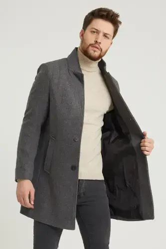 Men's Anthracite Slim Fit Stand-Up Collar Wool Coat-Anthracite - 2
