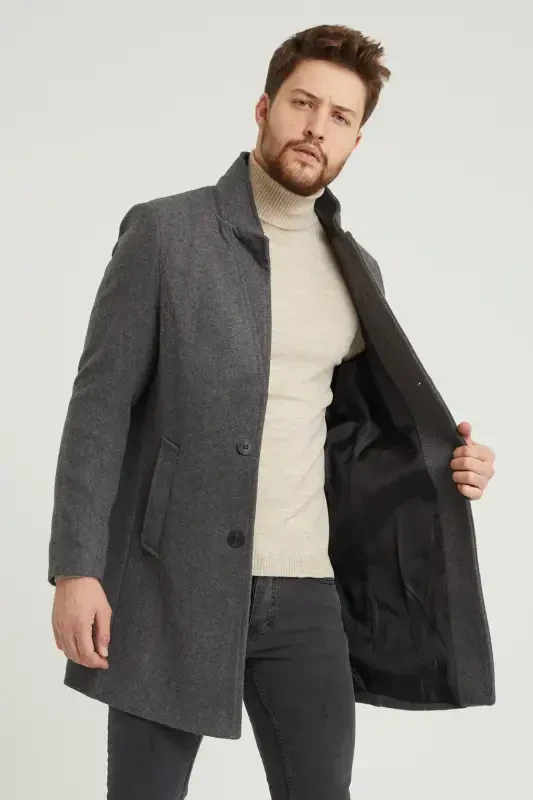Men's Anthracite Slim Fit Stand-Up Collar Wool Coat-Anthracite - 2