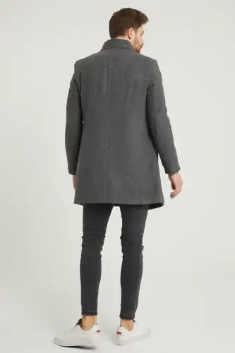 Men's Anthracite Slim Fit Stand-Up Collar Wool Coat-Anthracite - 3