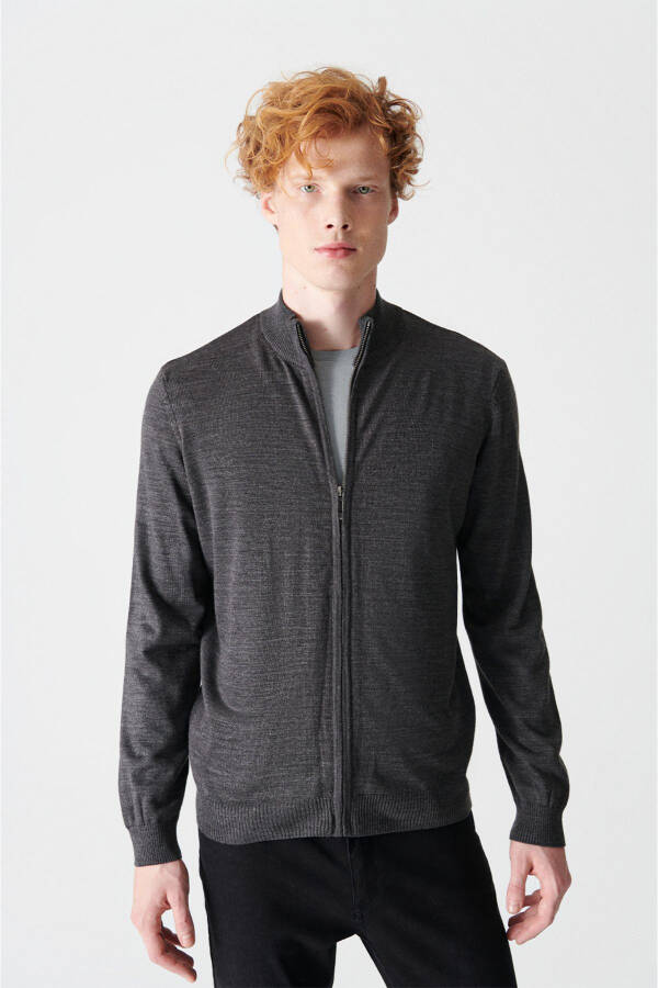 Men's Anthracite Stand Collar Zippered Regular Fit Cardigan E005004 - 7