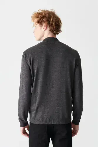 Men's Anthracite Stand Collar Zippered Regular Fit Cardigan E005004 - 5