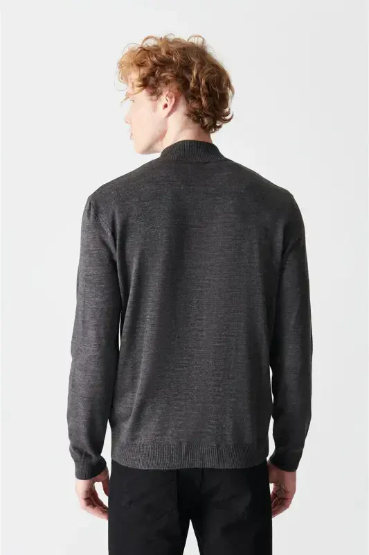 Men's Anthracite Stand Collar Zippered Regular Fit Cardigan E005004 - 5