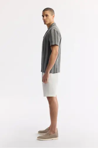 Men's Anthracite Stand-up Collar Striped Etamine Textured Short - 3