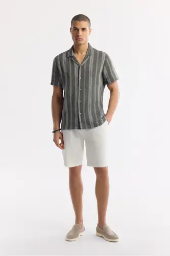 Men's Anthracite Stand-up Collar Striped Etamine Textured Short - 5