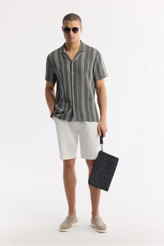 Men's Anthracite Stand-up Collar Striped Etamine Textured Short - 7