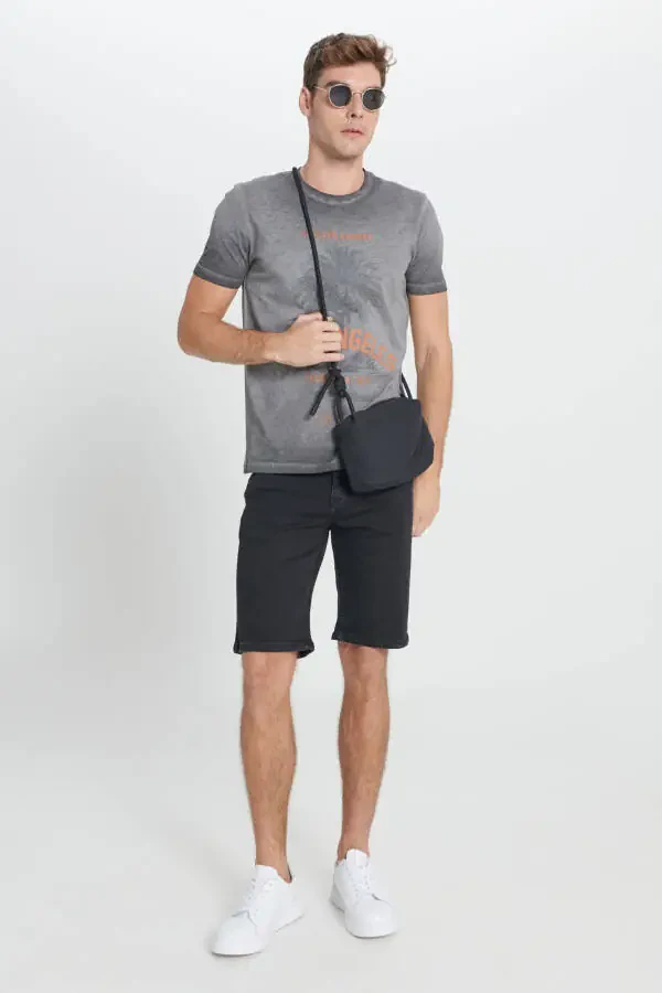 Men's Anthracite Standard Fit Regular Cut 100% Cotton Flamed Crew Neck T-Shirt - 2