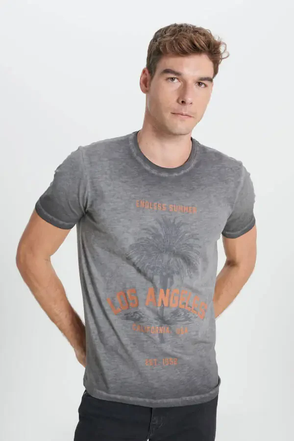 Men's Anthracite Standard Fit Regular Cut 100% Cotton Flamed Crew Neck T-Shirt - 3