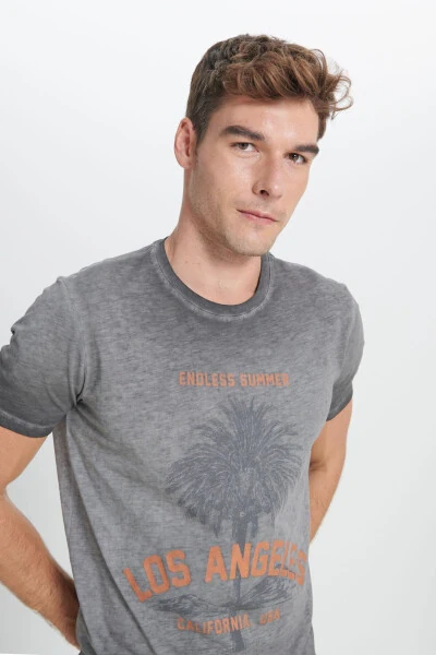 Men's Anthracite Standard Fit Regular Cut 100% Cotton Flamed Crew Neck T-Shirt - 4