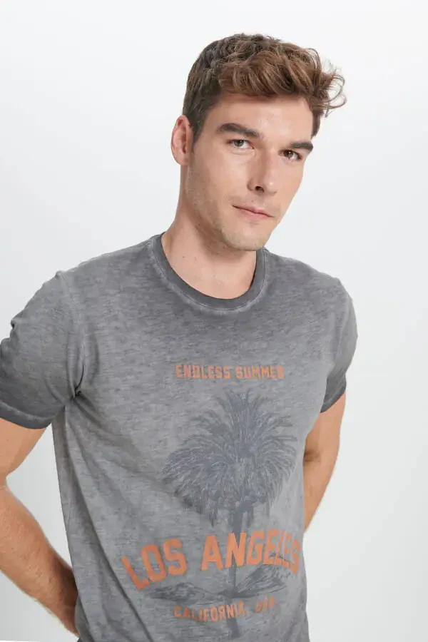 Men's Anthracite Standard Fit Regular Cut 100% Cotton Flamed Crew Neck T-Shirt - 4