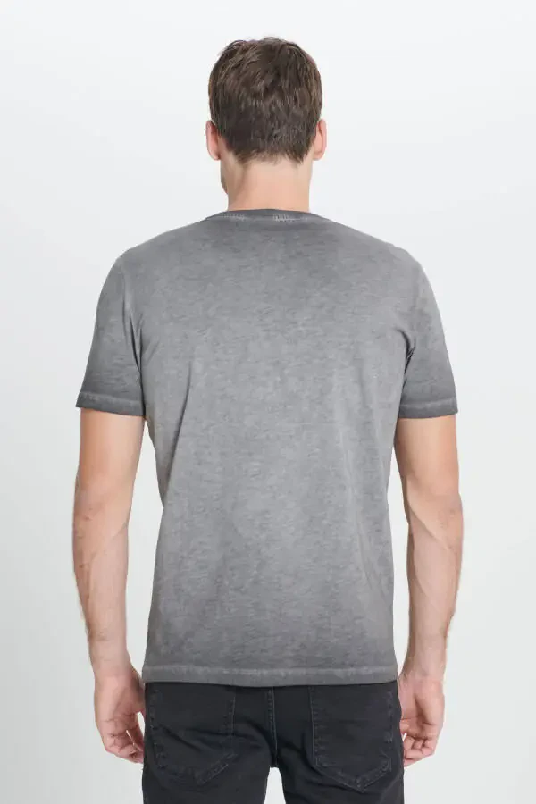 Men's Anthracite Standard Fit Regular Cut 100% Cotton Flamed Crew Neck T-Shirt - 5