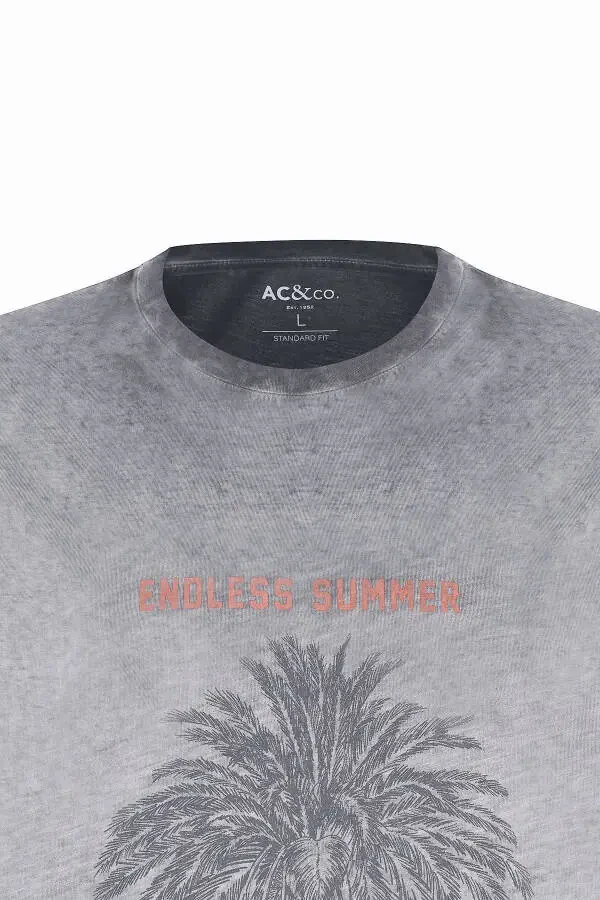 Men's Anthracite Standard Fit Regular Cut 100% Cotton Flamed Crew Neck T-Shirt - 7