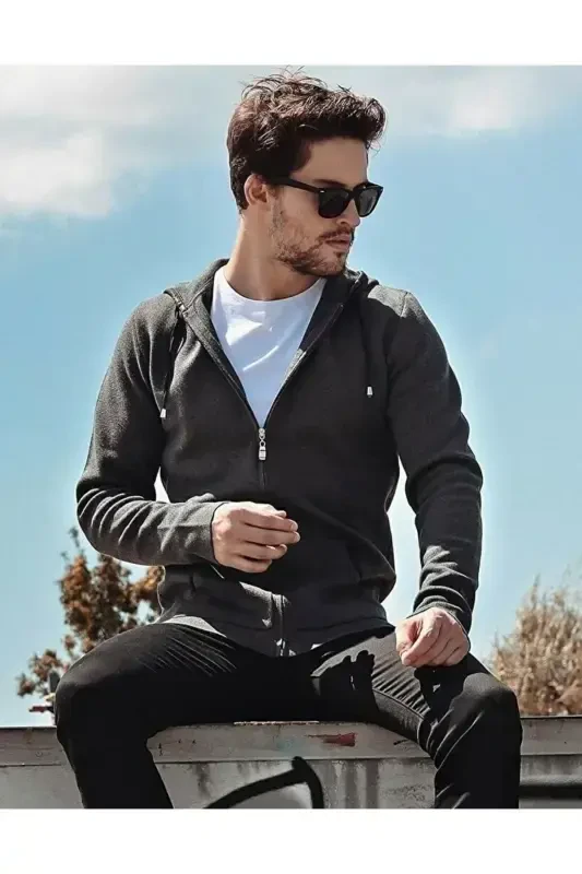 Men's Anthracite Zippered Hoodie-anthracite gray - 1