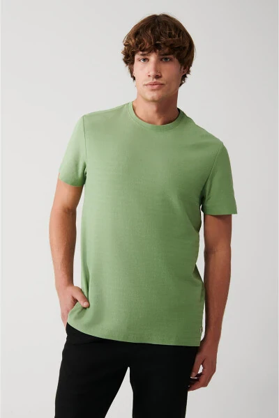 Men's Aqua Green 100% Cotton Crew Neck Jacquard Panel Regular Fit T-shirt A31y1057 - AVVA