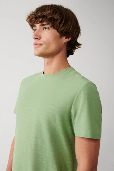 Men's Aqua Green 100% Cotton Crew Neck Jacquard Panel Regular Fit T-shirt A31y1057 - AVVA (1)