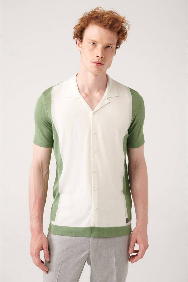 Men's Aqua Green Cuban Collar Color Block Regular Fit Buttoned Knit T-Shirt A31y5016 - 6