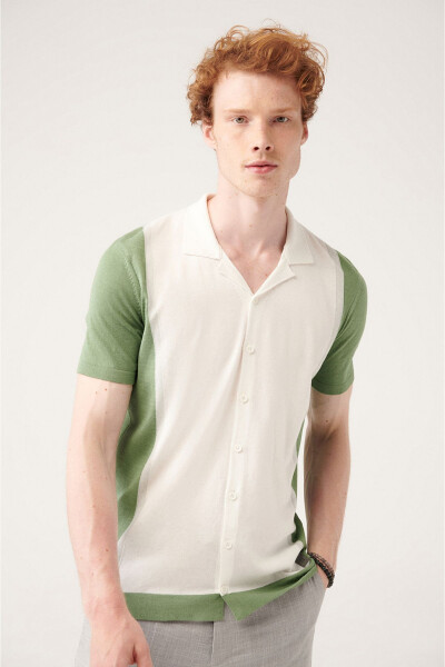 Men's Aqua Green Cuban Collar Color Block Regular Fit Buttoned Knit T-Shirt A31y5016 - 8