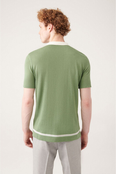 Men's Aqua Green Cuban Collar Color Block Regular Fit Buttoned Knit T-Shirt A31y5016 - 9