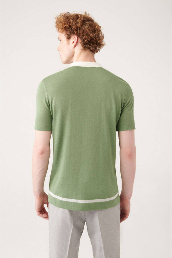 Men's Aqua Green Cuban Collar Color Block Regular Fit Buttoned Knit T-Shirt A31y5016 - 4