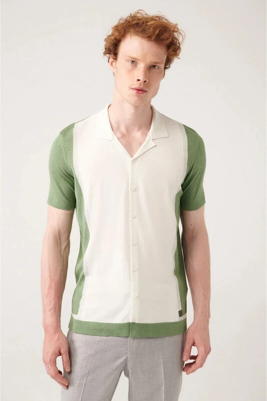 Men's Aqua Green Cuban Collar Color Block Regular Fit Buttoned Knit T-Shirt A31y5016 - AVVA
