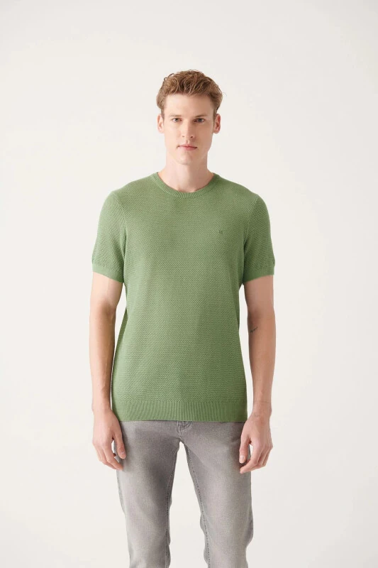 Men's Aqua Green Modal Knit T-shirt Crew Neck Textured Ribbed Regular Fit B005010 - Avva