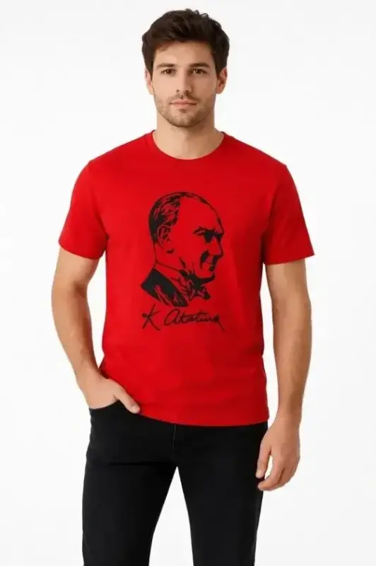 Men's Atatürk Printed T-Shirt Short Sleeve Crew Neck T-Shirt - Red - BÜYÜKBEDENIZ