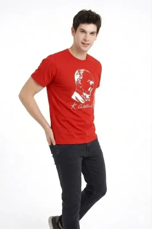 Men's Atatürk Printed T-Shirt Short Sleeve Crew Neck T-Shirt - Red - BÜYÜKBEDENIZ