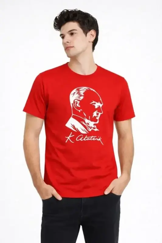 Men's Atatürk Printed T-Shirt Short Sleeve Crew Neck T-Shirt - Red - 2