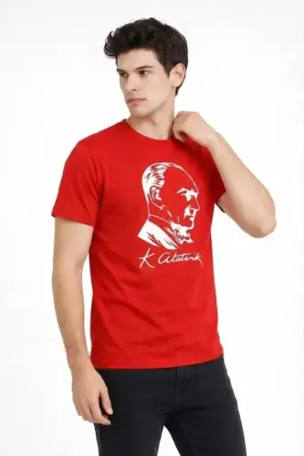 Men's Atatürk Printed T-Shirt Short Sleeve Crew Neck T-Shirt - Red - 3