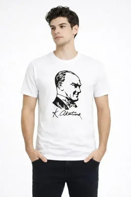 Men's Atatürk Printed T-Shirt Short Sleeve Crew Neck T-Shirt - White - BÜYÜKBEDENIZ