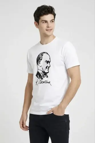 Men's Atatürk Printed T-Shirt Short Sleeve Crew Neck T-Shirt - White - BÜYÜKBEDENIZ (1)