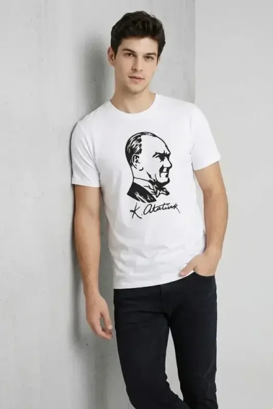 Men's Atatürk Printed T-Shirt Short Sleeve Crew Neck T-Shirt - White - 3