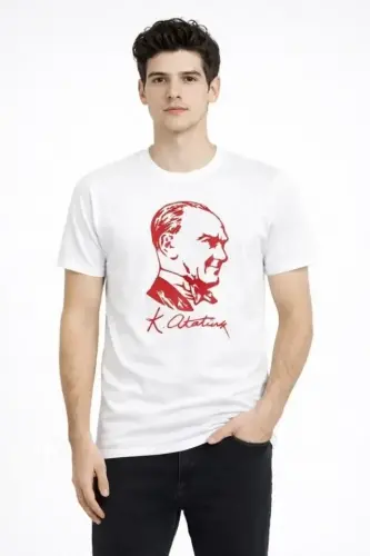 Men's Atatürk Printed T-Shirt Short Sleeve Crew Neck T-Shirt - White - 3