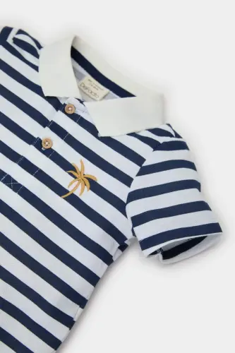Men's Baby 2-Piece Set Striped Short Sleeve Polo Shirt Elastic Waist Shorts C3439a525sm-White - 3