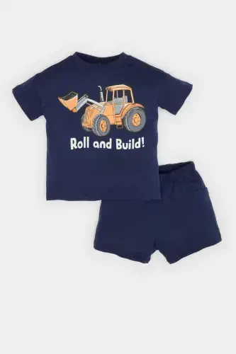 Men's Baby 2-Piece Set Vehicle Print Short Sleeve T-Shirt Elastic Waist Shorts E6775a525sm-Navy Blue - 1