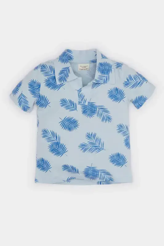 Men's Baby Polo Collar Palm Patterned Short Sleeve T-Shirt E6764a525sm-Blue - 1