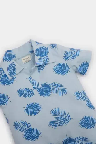Men's Baby Polo Collar Palm Patterned Short Sleeve T-Shirt E6764a525sm-Blue - DEFACTO (1)