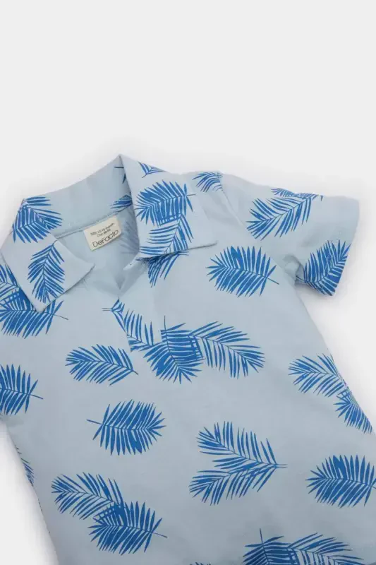 Men's Baby Polo Collar Palm Patterned Short Sleeve T-Shirt E6764a525sm-Blue - 2